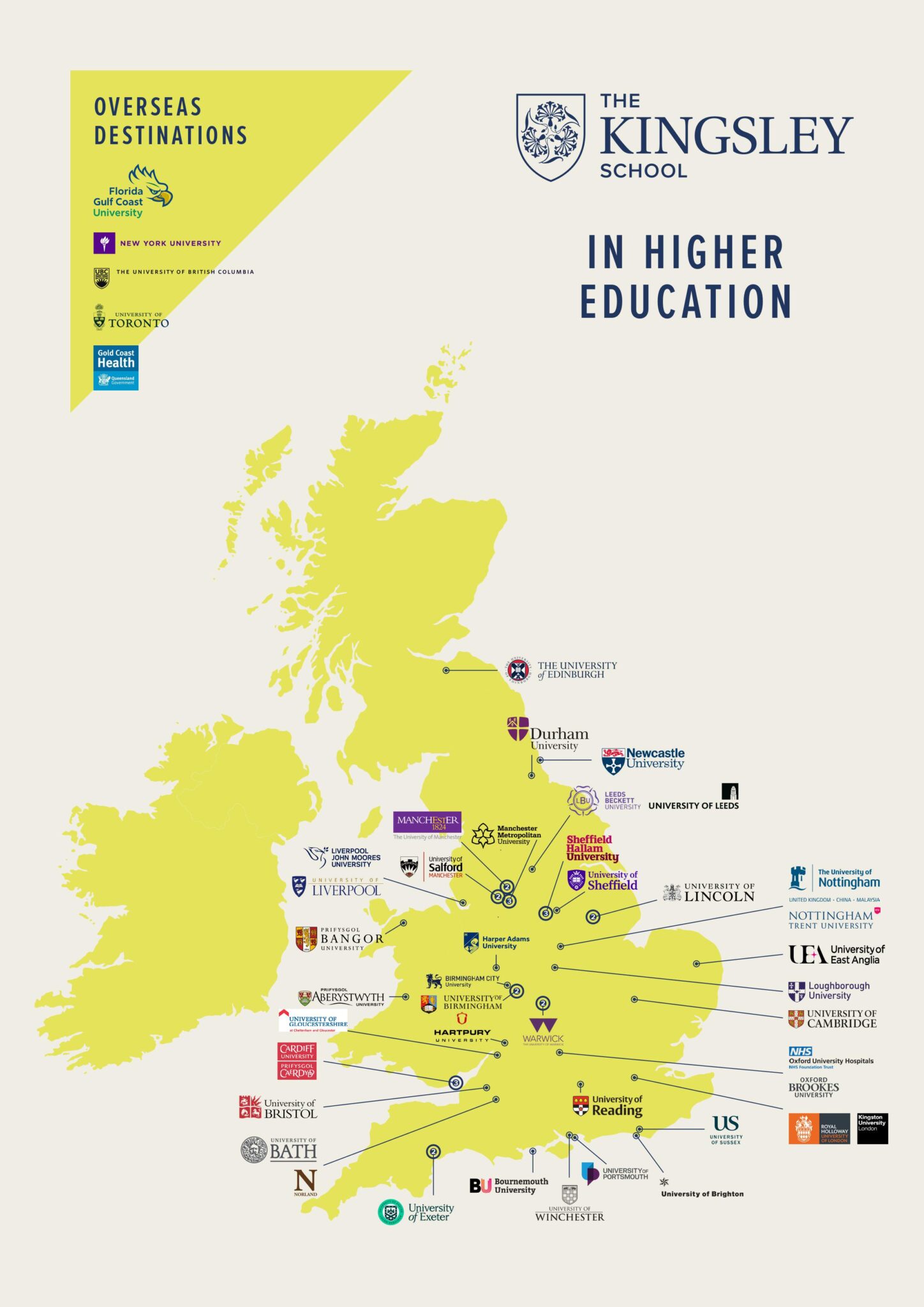 A map that shows recent university destinations both in the United Kingdom and overseas
